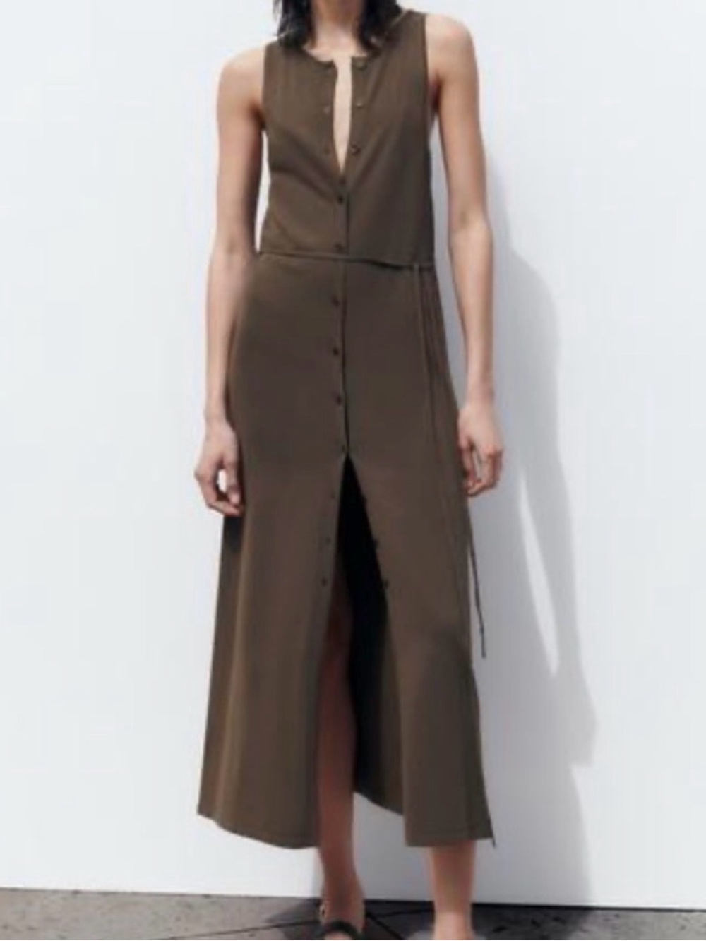 Zara knit midi button down dress Olive brown color NEW NWOT US medium minimalist - Picture 2 of 10